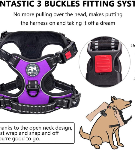 No Pull Dog Harness, No Choke Front Clip Dog Reflective Harness, Adjustable Soft Padded Pet Vest with Easy Control Handle for Small to Large Dogs(Purple,M)