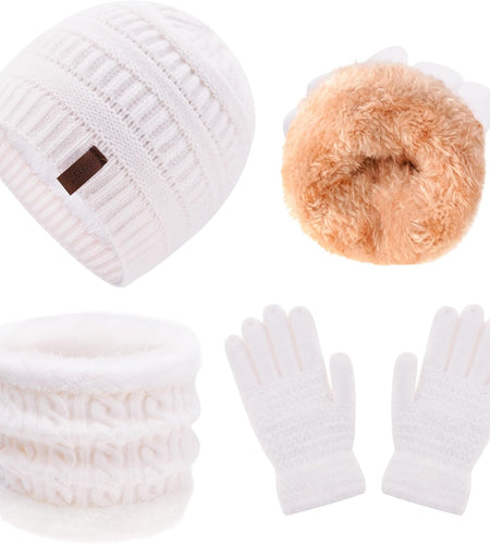 3Pcs Kids Winter Beanie Hat Scarf Gloves Set for 2-6-10-14 Years Old Boys Girls, Knit Thick Warm Fleece Lined Thermal Sets